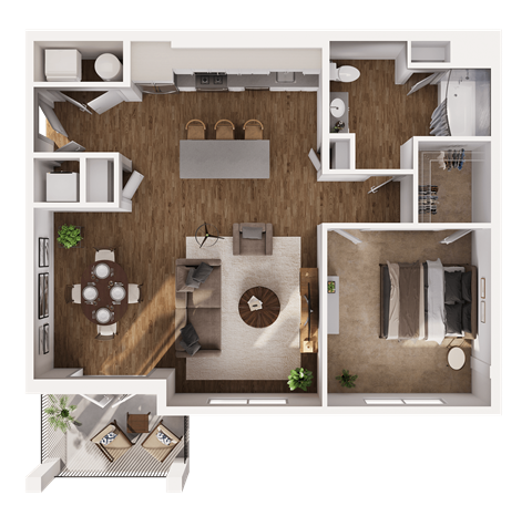 A top-down view of a house layout with a living room, dining area, kitchen, and bedrooms.